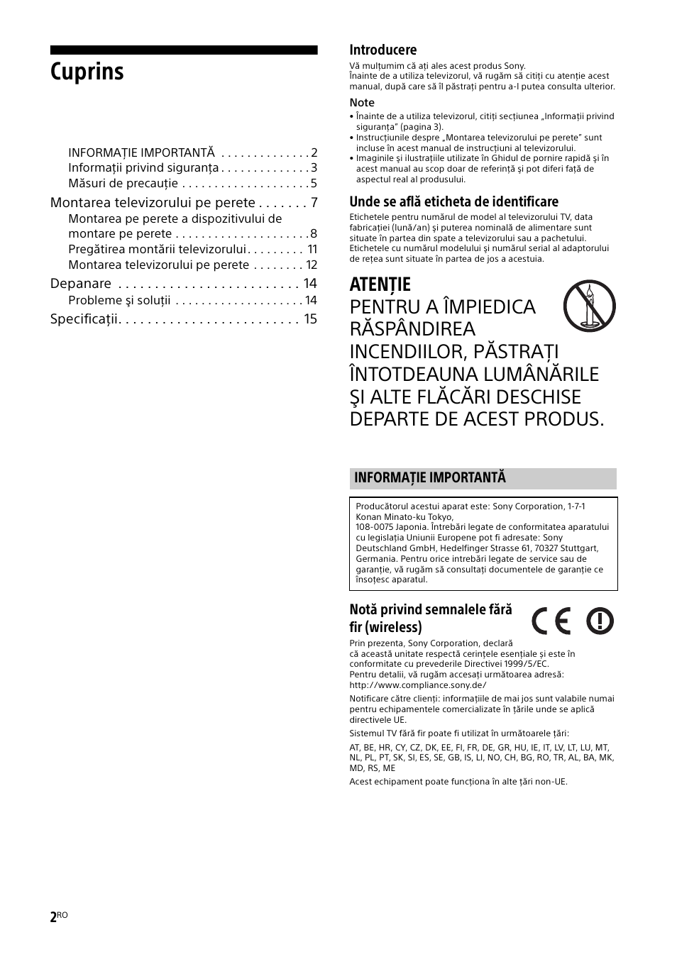 Informaţie importantă, Cuprins, Introducere | Unde se află eticheta de identificare, Notă privind semnalele fără fir (wireless) | Sony KDL-50W805B User Manual | Page 266 / 376