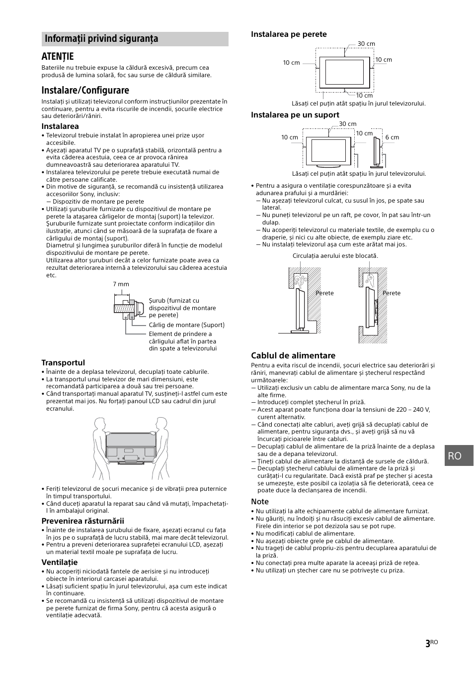 Informaţii privind siguranţa, A „informaţii privind, Siguranţa | Ro 3, Atenţie, Instalare/configurare | Sony KDL-50W805B User Manual | Page 267 / 376