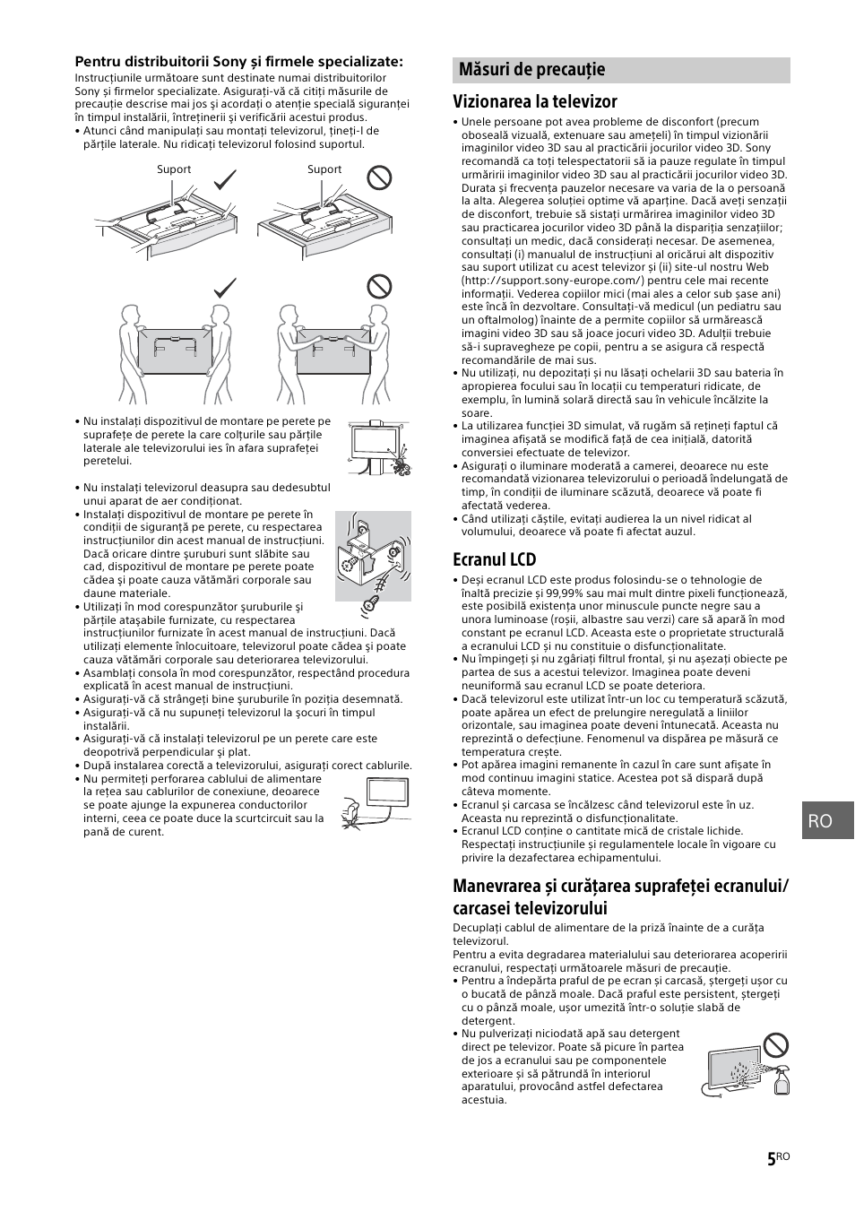 Măsuri de precauţie, Ro 5, Vizionarea la televizor | Ecranul lcd | Sony KDL-50W805B User Manual | Page 269 / 376