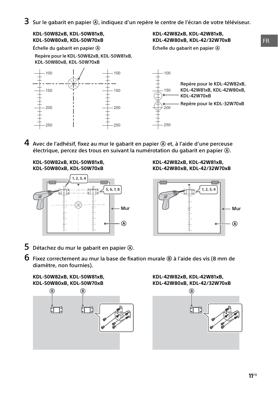 Détachez du mur le gabarit en papier a, Échelle du gabarit en papier a | Sony KDL-50W805B User Manual | Page 27 / 376