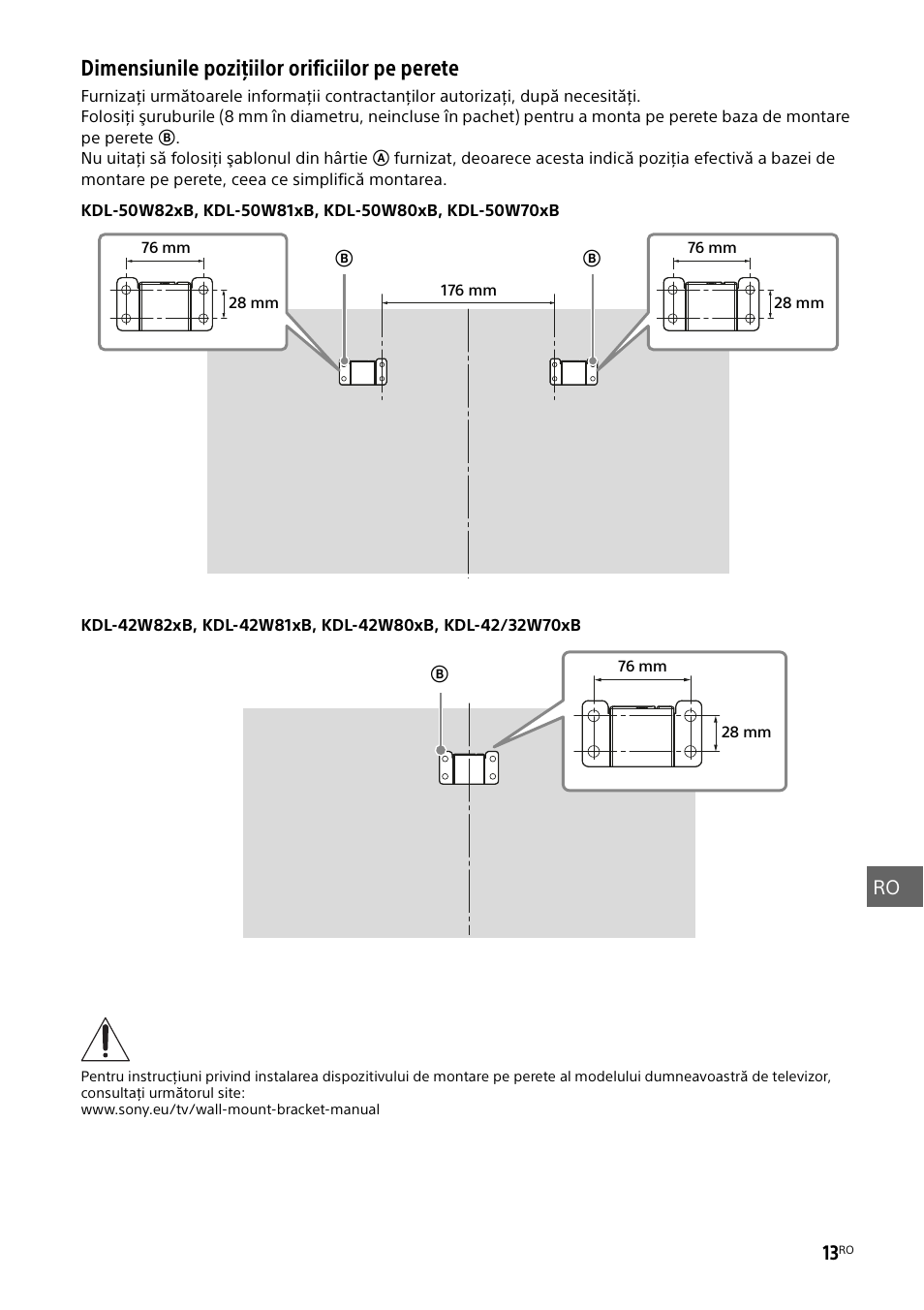 Dimensiunile poziţiilor orificiilor pe perete, Ro 13 | Sony KDL-50W805B User Manual | Page 277 / 376