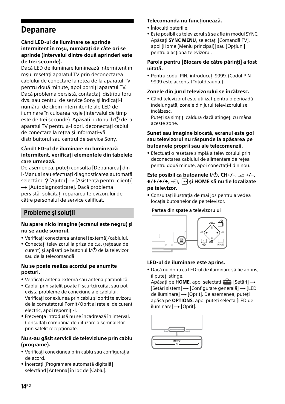 Depanare, Probleme şi soluţii | Sony KDL-50W805B User Manual | Page 278 / 376