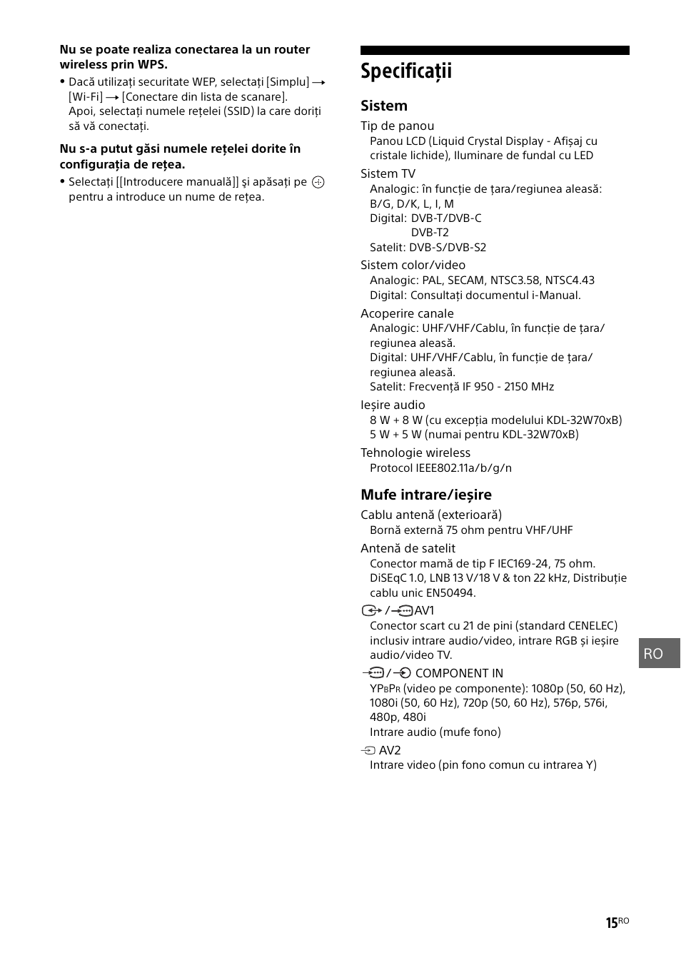 Specificaţii, Ro 15, Sistem | Mufe intrare/ieșire | Sony KDL-50W805B User Manual | Page 279 / 376