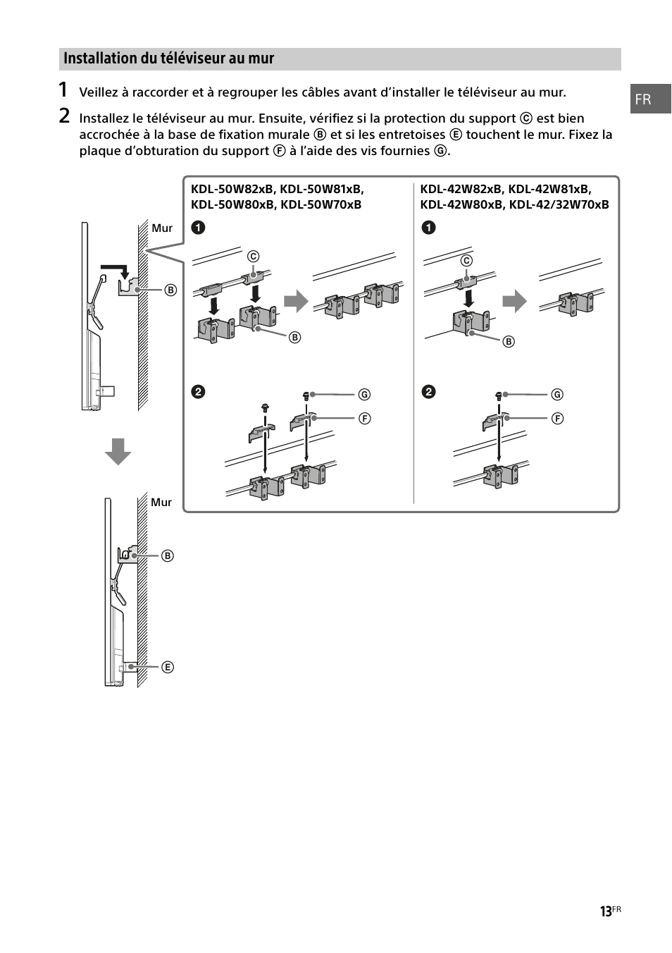Installation du téléviseur au mur | Sony KDL-50W805B User Manual | Page 29 / 376