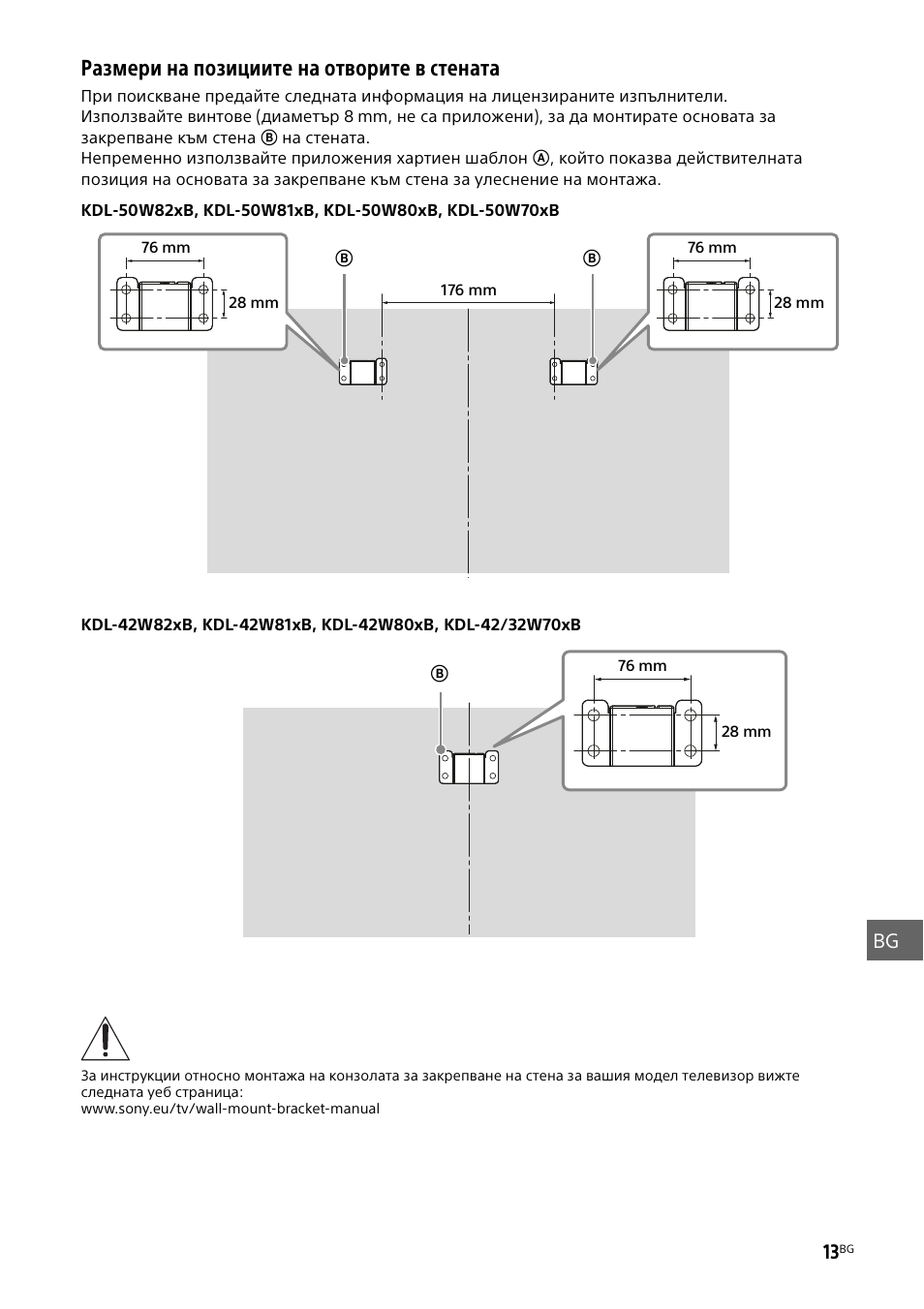 Размери на позициите на отворите в стената | Sony KDL-50W805B User Manual | Page 295 / 376