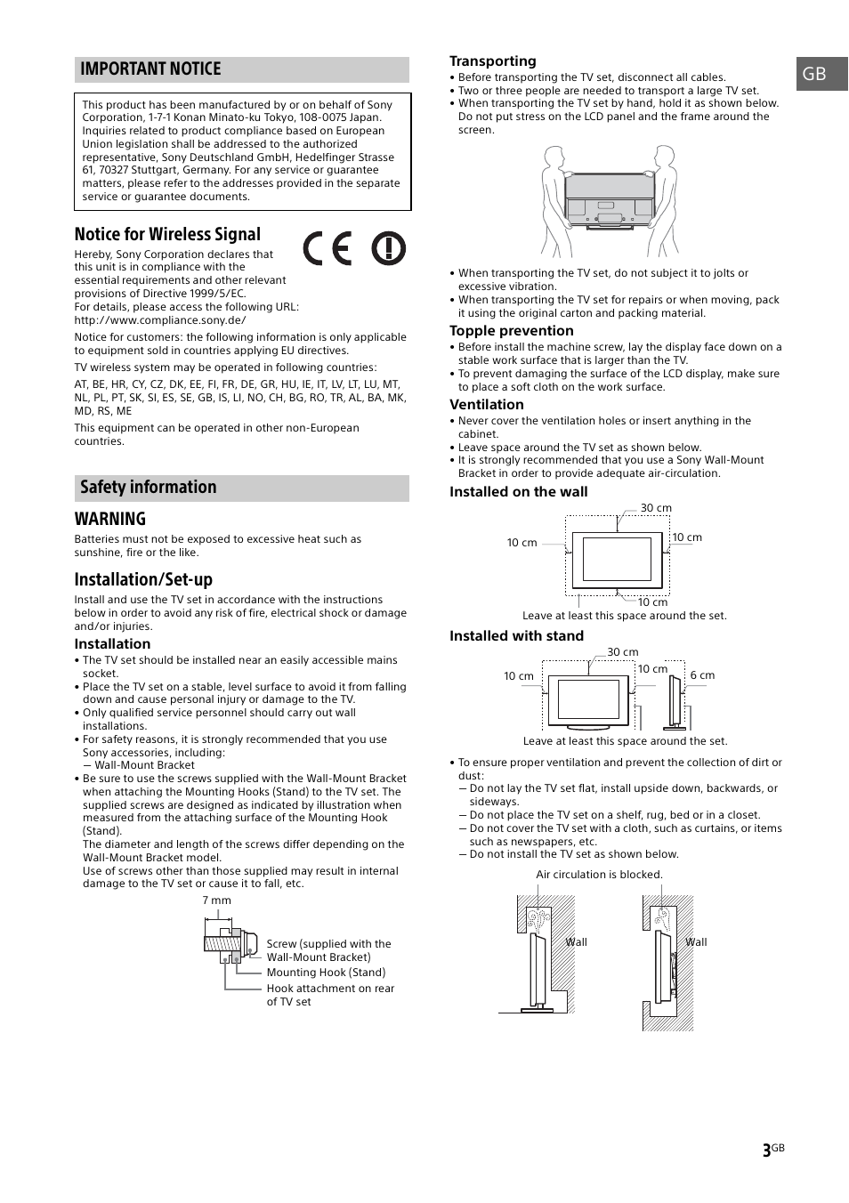 Important notice, Safety information, Important notice safety information | Gb notice for wireless signal, Warning, Installation/set-up | Sony KDL-50W805B User Manual | Page 3 / 376