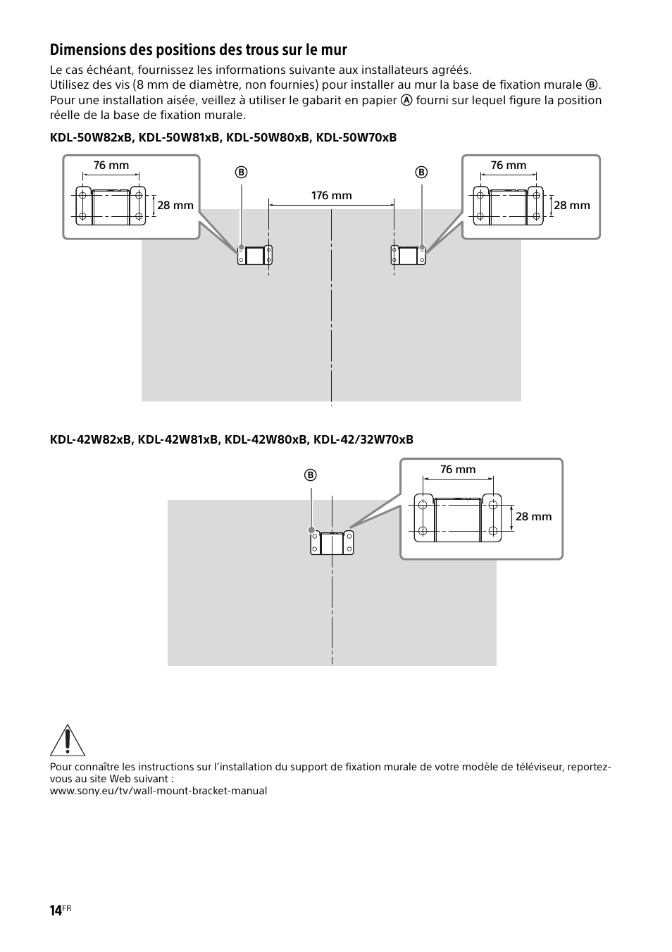 Dimensions des positions des trous sur le mur | Sony KDL-50W805B User Manual | Page 30 / 376
