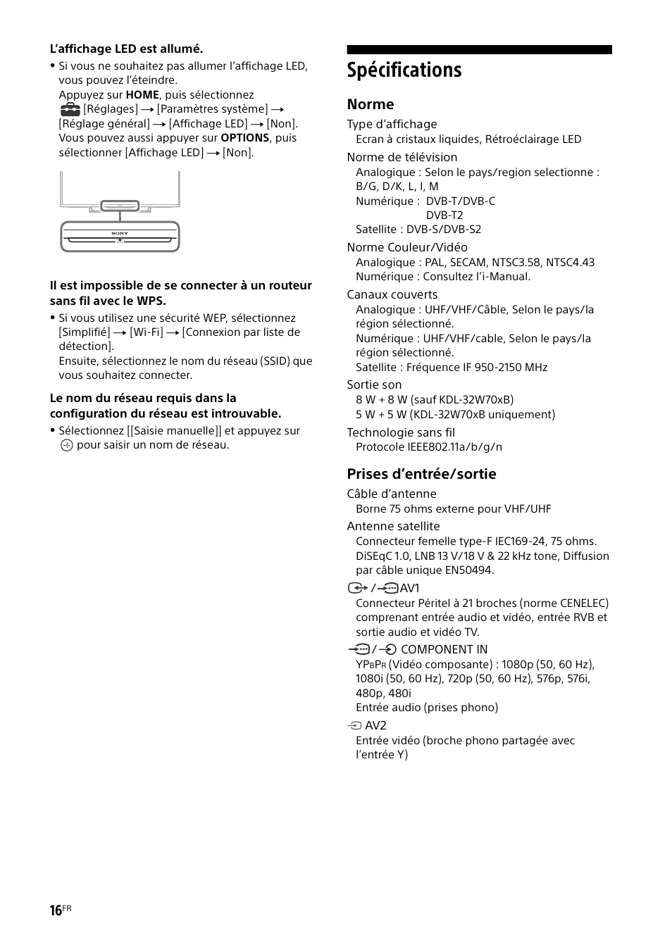 Spécifications, Norme, Prises d’entrée/sortie | Sony KDL-50W805B User Manual | Page 32 / 376