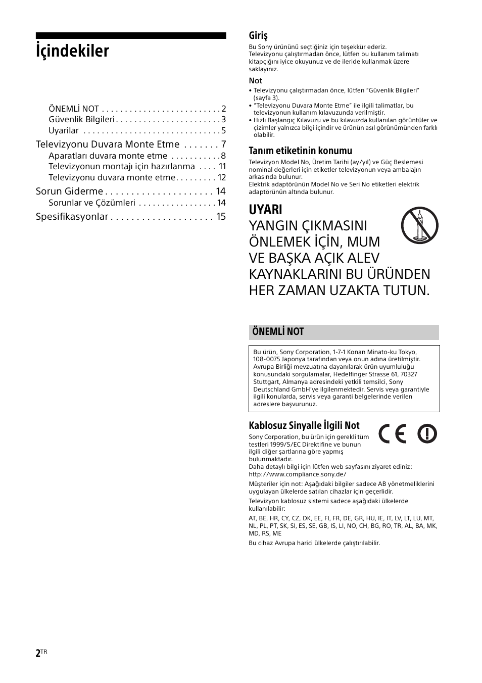 Önemli not, Içindekiler, Giriş | Tanım etiketinin konumu, Kablosuz sinyalle ilgili not | Sony KDL-50W805B User Manual | Page 322 / 376