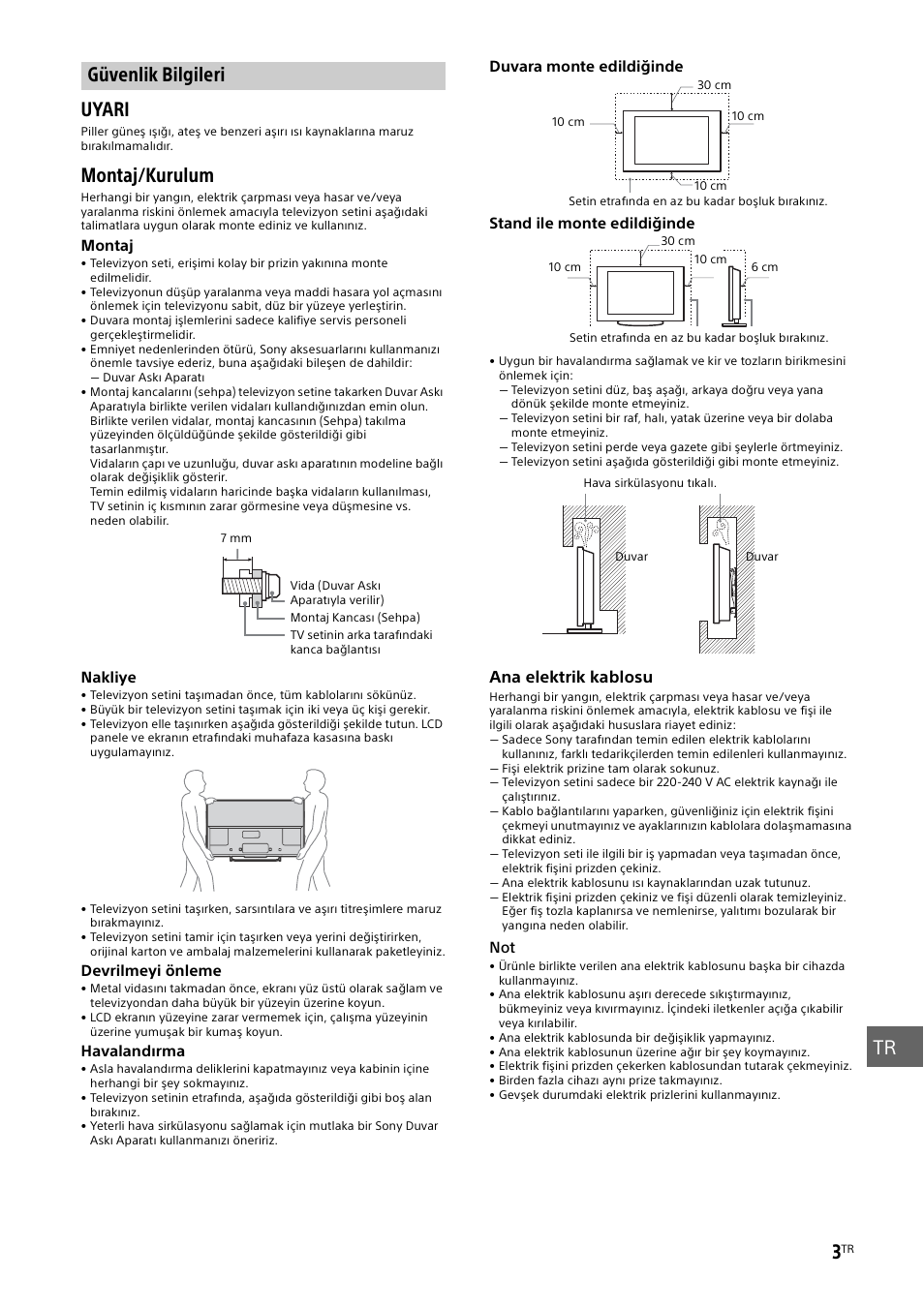 Güvenlik bilgileri, Sayfa 3), Uyari | Montaj/kurulum | Sony KDL-50W805B User Manual | Page 323 / 376