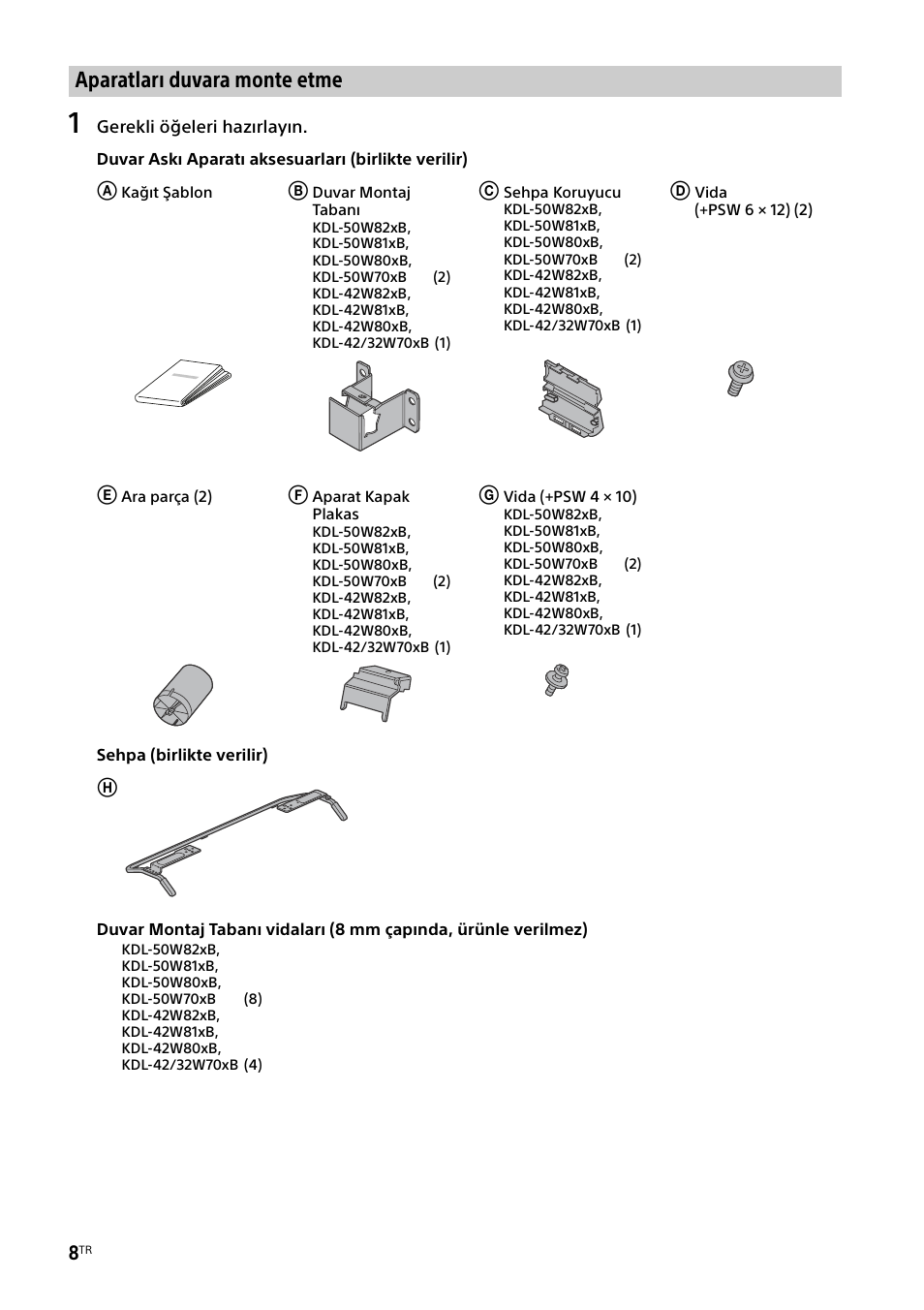 Aparatları duvara monte etme | Sony KDL-50W805B User Manual | Page 328 / 376