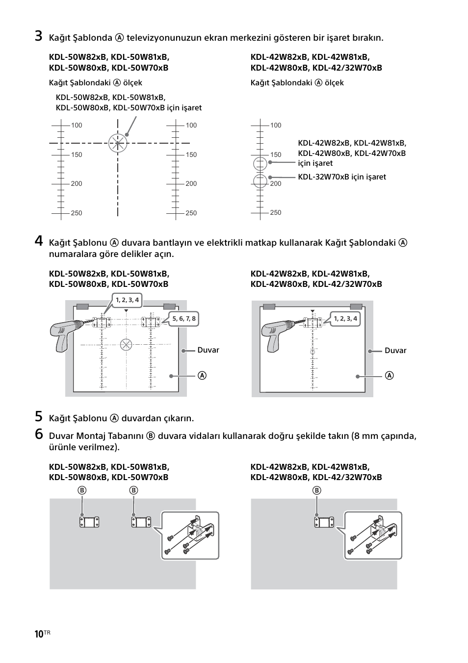 Kağıt şablonu a duvardan çıkarın, Kağıt şablondaki a ölçek, Duvar | Sony KDL-50W805B User Manual | Page 330 / 376