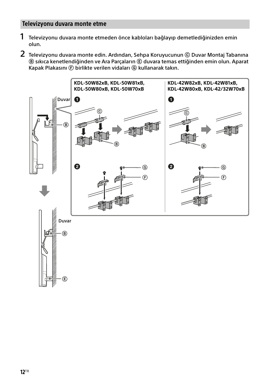 Televizyonu duvara monte etme | Sony KDL-50W805B User Manual | Page 332 / 376