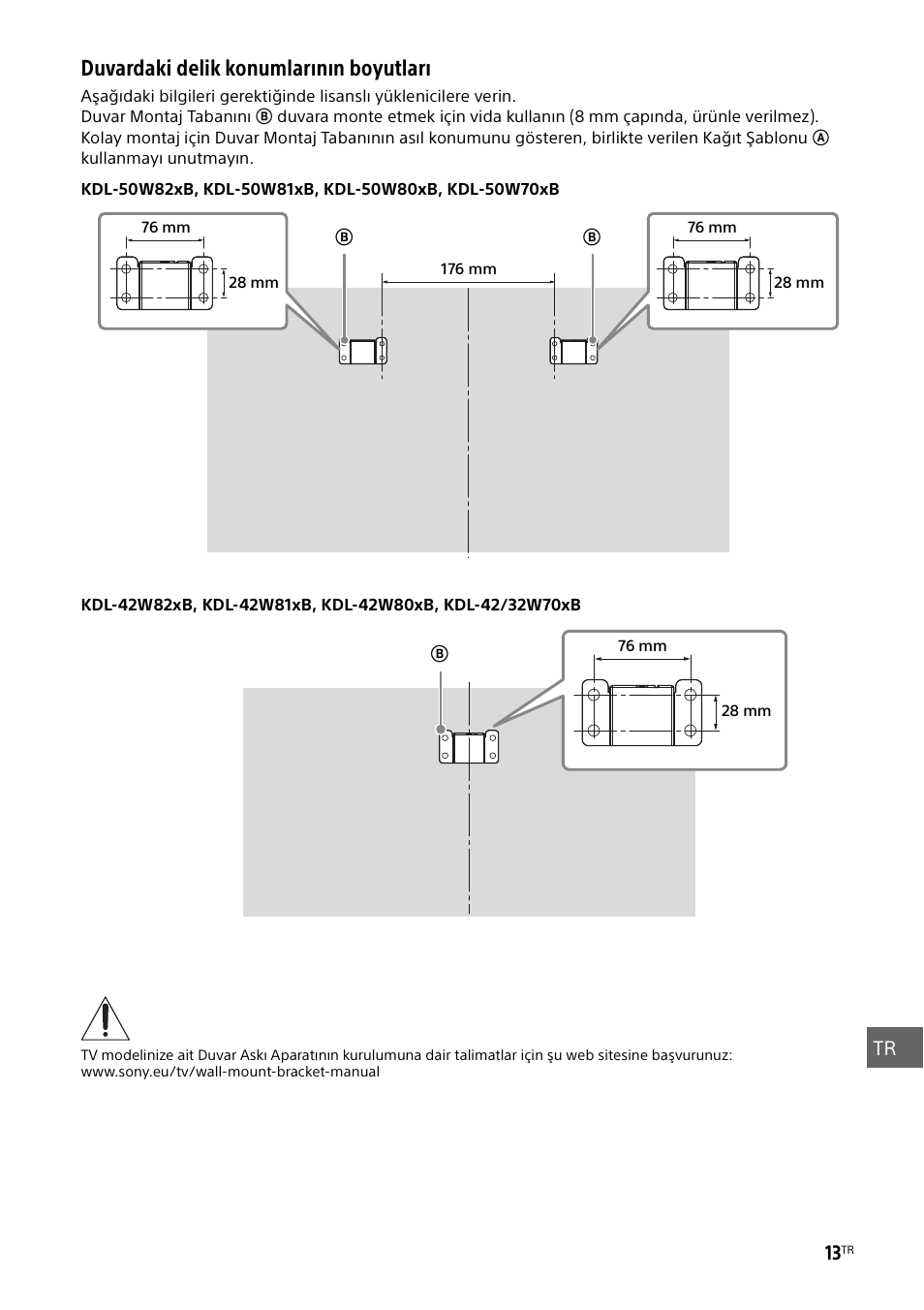 Duvardaki delik konumlarının boyutları | Sony KDL-50W805B User Manual | Page 333 / 376