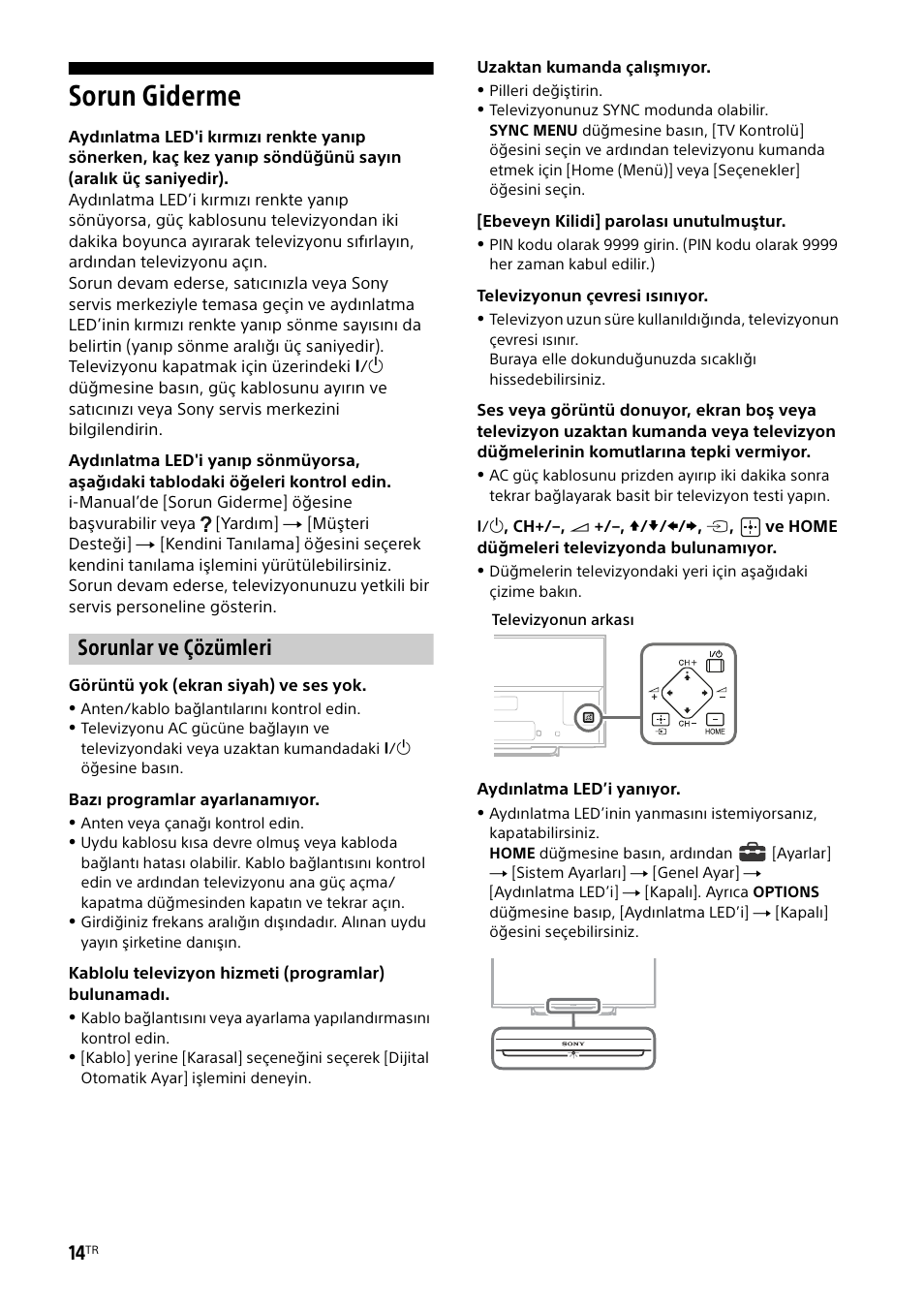 Sorun giderme, Sorunlar ve çözümleri | Sony KDL-50W805B User Manual | Page 334 / 376
