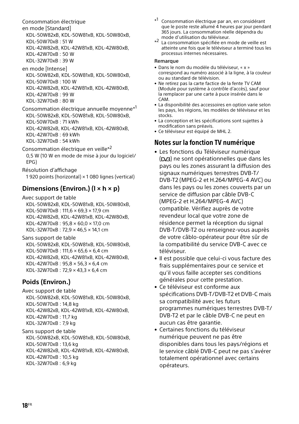 Dimensions (environ.) (l × h × p), Poids (environ.) | Sony KDL-50W805B User Manual | Page 34 / 376