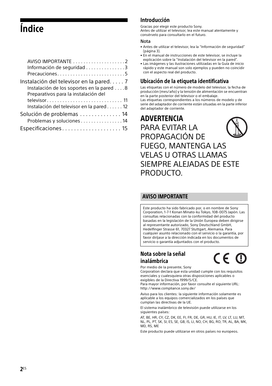 Aviso importante, Índice, Introducción | Ubicación de la etiqueta identificativa, Nota sobre la señal inalámbrica | Sony KDL-50W805B User Manual | Page 36 / 376