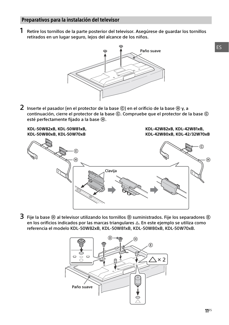 Preparativos para la instalación del televisor | Sony KDL-50W805B User Manual | Page 45 / 376