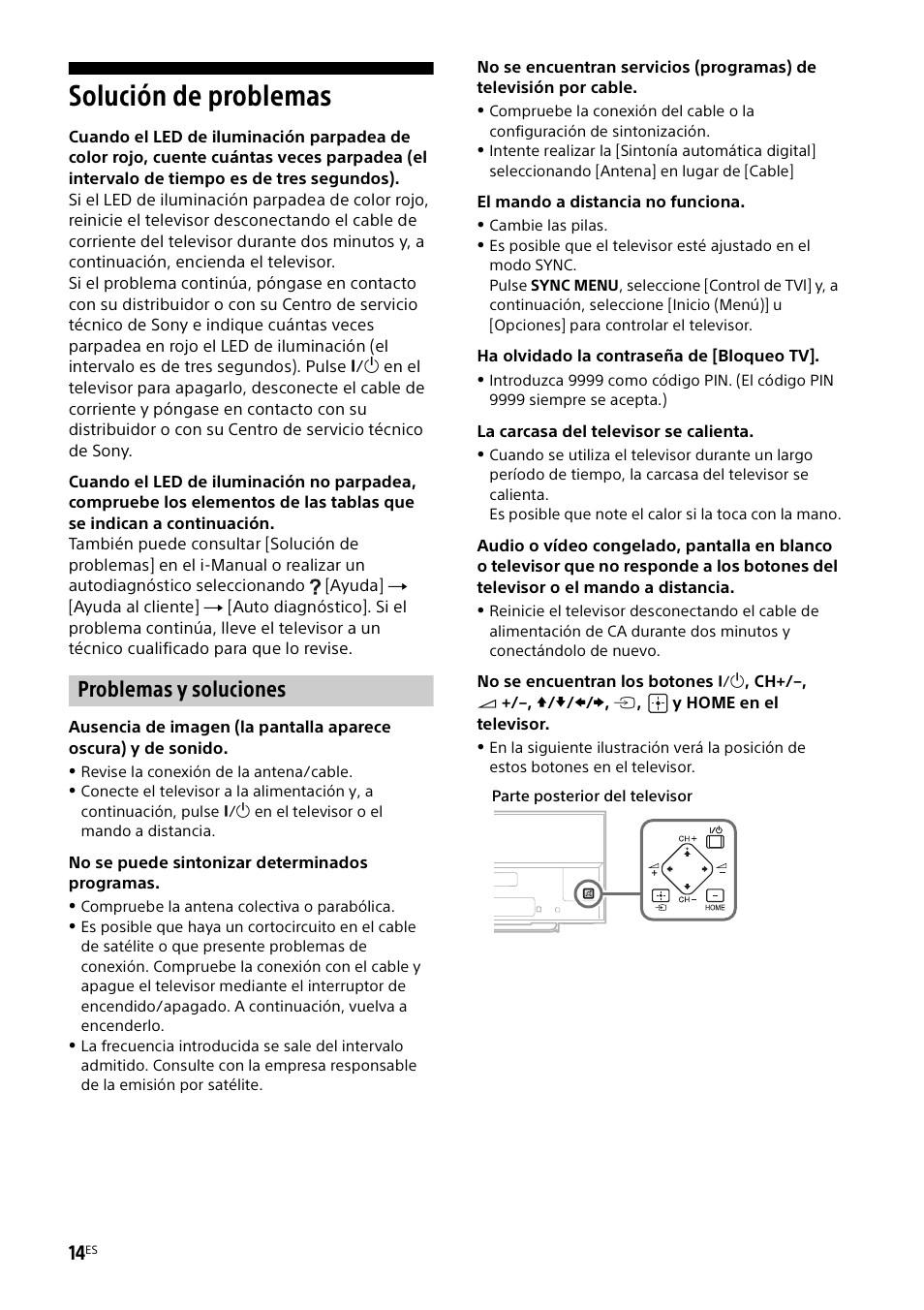 Solución de problemas, Problemas y soluciones | Sony KDL-50W805B User Manual | Page 48 / 376