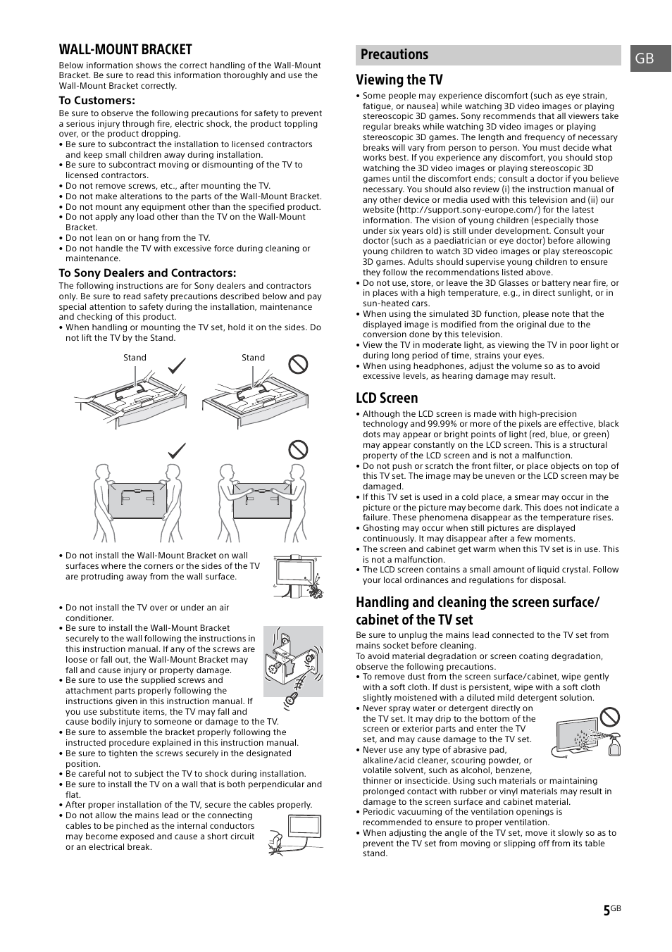 Precautions, Gb wall-mount bracket, Viewing the tv | Lcd screen | Sony KDL-50W805B User Manual | Page 5 / 376