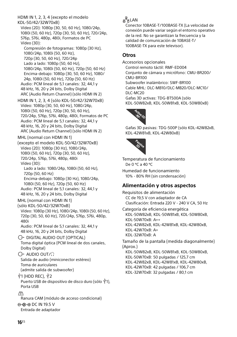 Otros, Alimentación y otros aspectos | Sony KDL-50W805B User Manual | Page 50 / 376