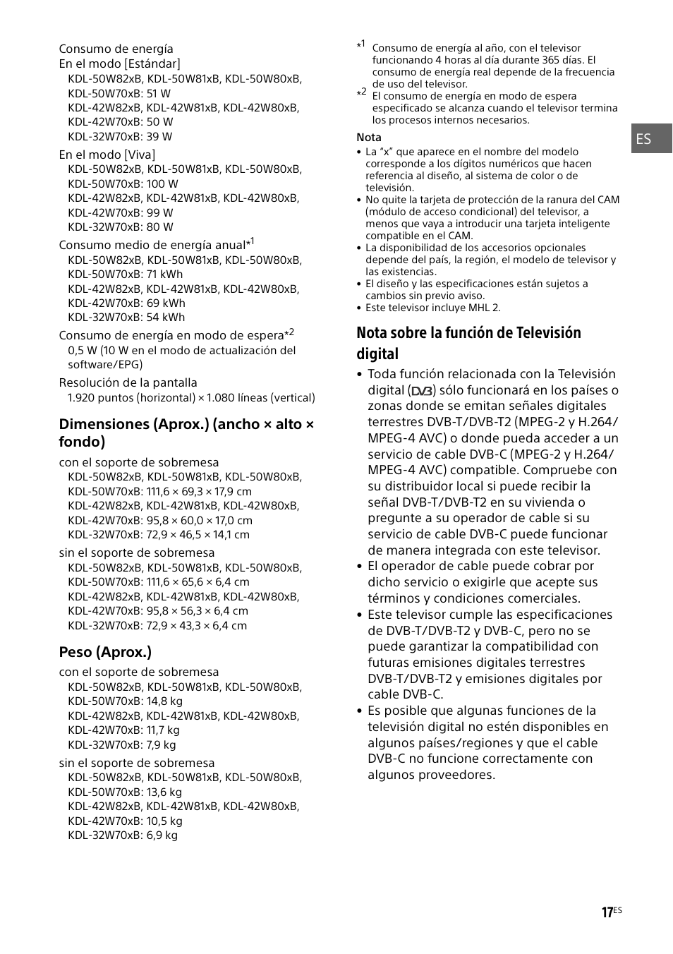 Nota sobre la función de televisión digital | Sony KDL-50W805B User Manual | Page 51 / 376