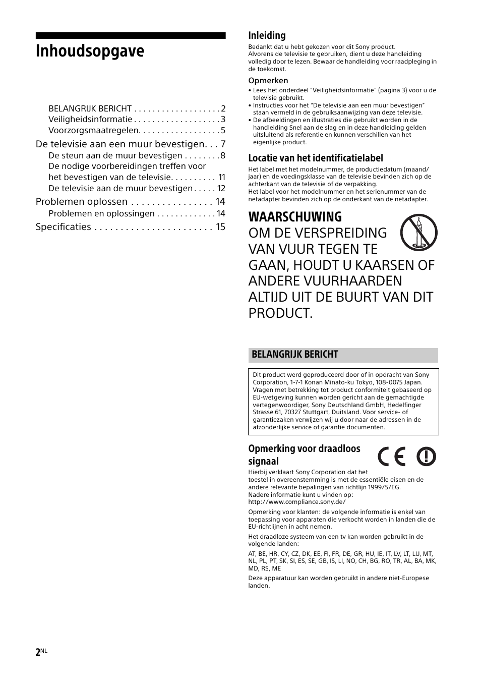 Belangrijk bericht, Inhoudsopgave, Inleiding | Locatie van het identificatielabel, Opmerking voor draadloos signaal | Sony KDL-50W805B User Manual | Page 54 / 376