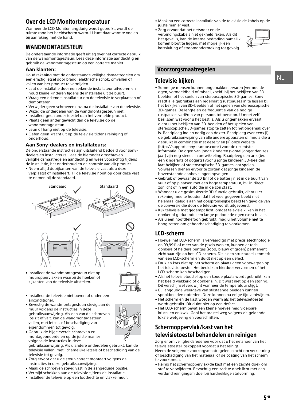 Voorzorgsmaatregelen, Over de lcd monitortemperatuur, Wandmontagesteun | Televisie kijken, Lcd-scherm | Sony KDL-50W805B User Manual | Page 57 / 376