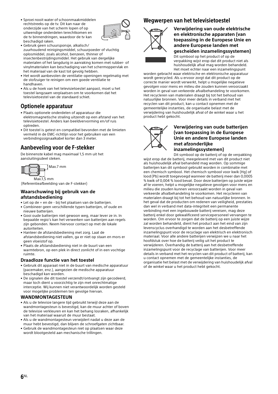 Optionele apparatuur, Aanbeveling voor de f-stekker, Wegwerpen van het televisietoestel | Sony KDL-50W805B User Manual | Page 58 / 376