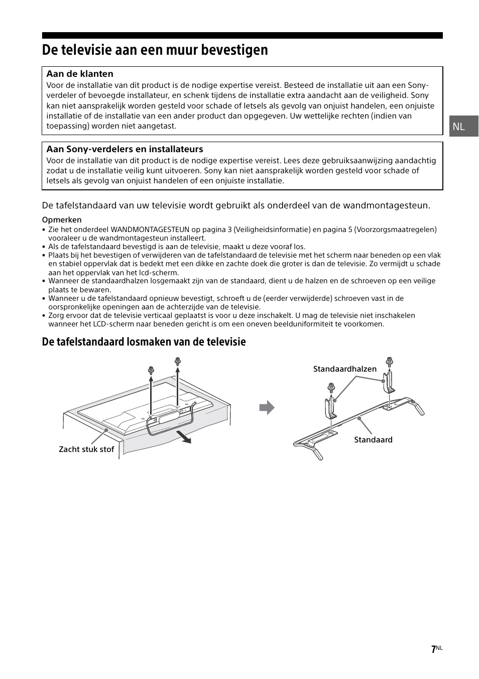 De televisie aan een muur bevestigen, T “de televisie aan een muur bevestigen, De tafelstandaard losmaken van de televisie | Sony KDL-50W805B User Manual | Page 59 / 376