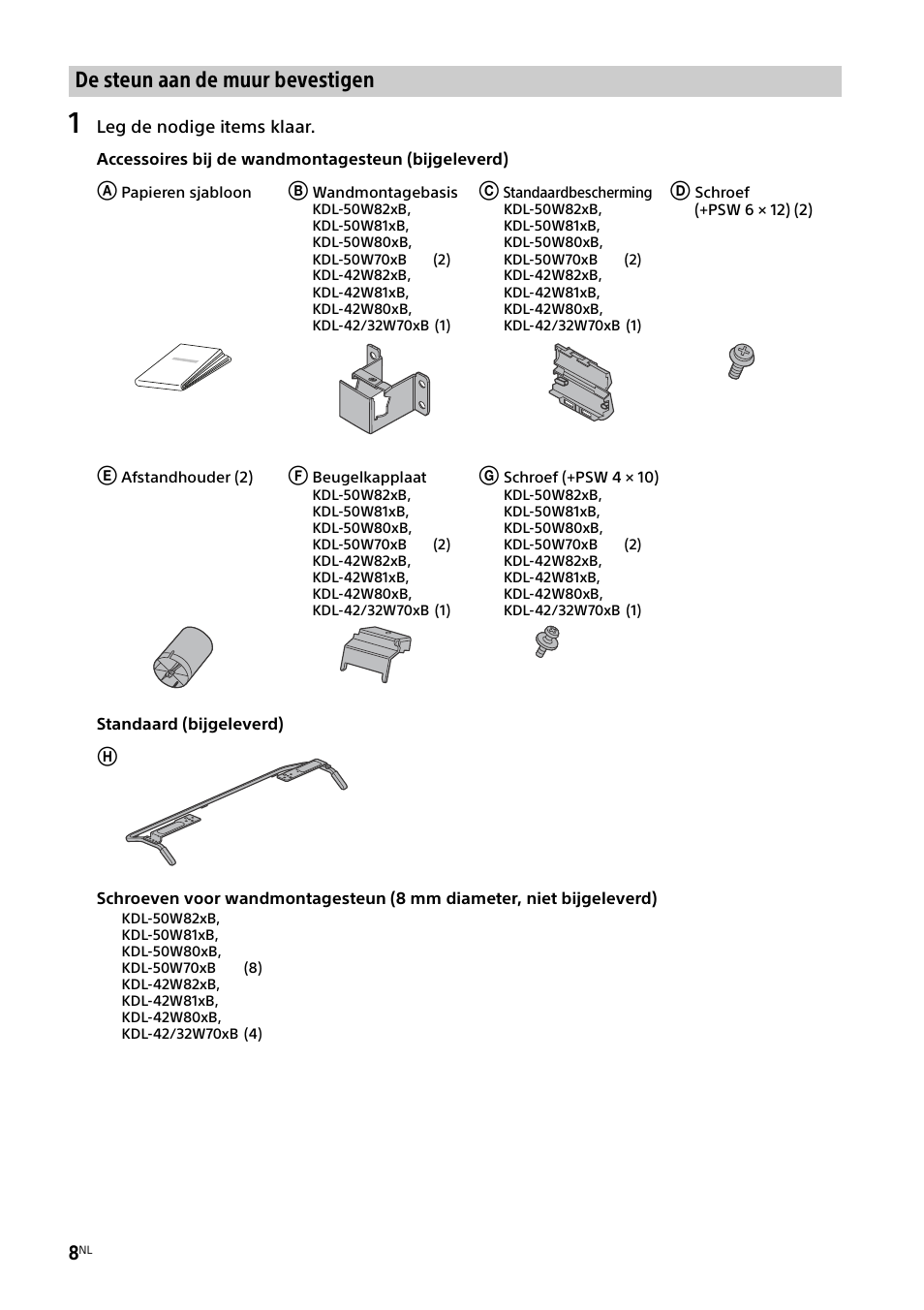 De steun aan de muur bevestigen | Sony KDL-50W805B User Manual | Page 60 / 376