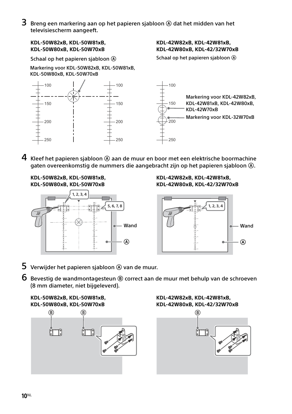 Verwijder het papieren sjabloon a van de muur, Wand | Sony KDL-50W805B User Manual | Page 62 / 376