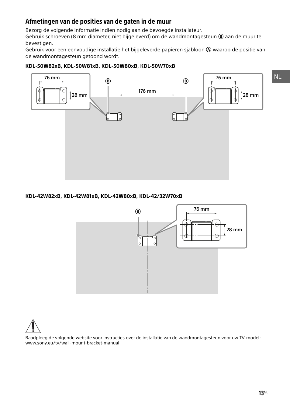 Afmetingen van de posities van de gaten in de muur | Sony KDL-50W805B User Manual | Page 65 / 376