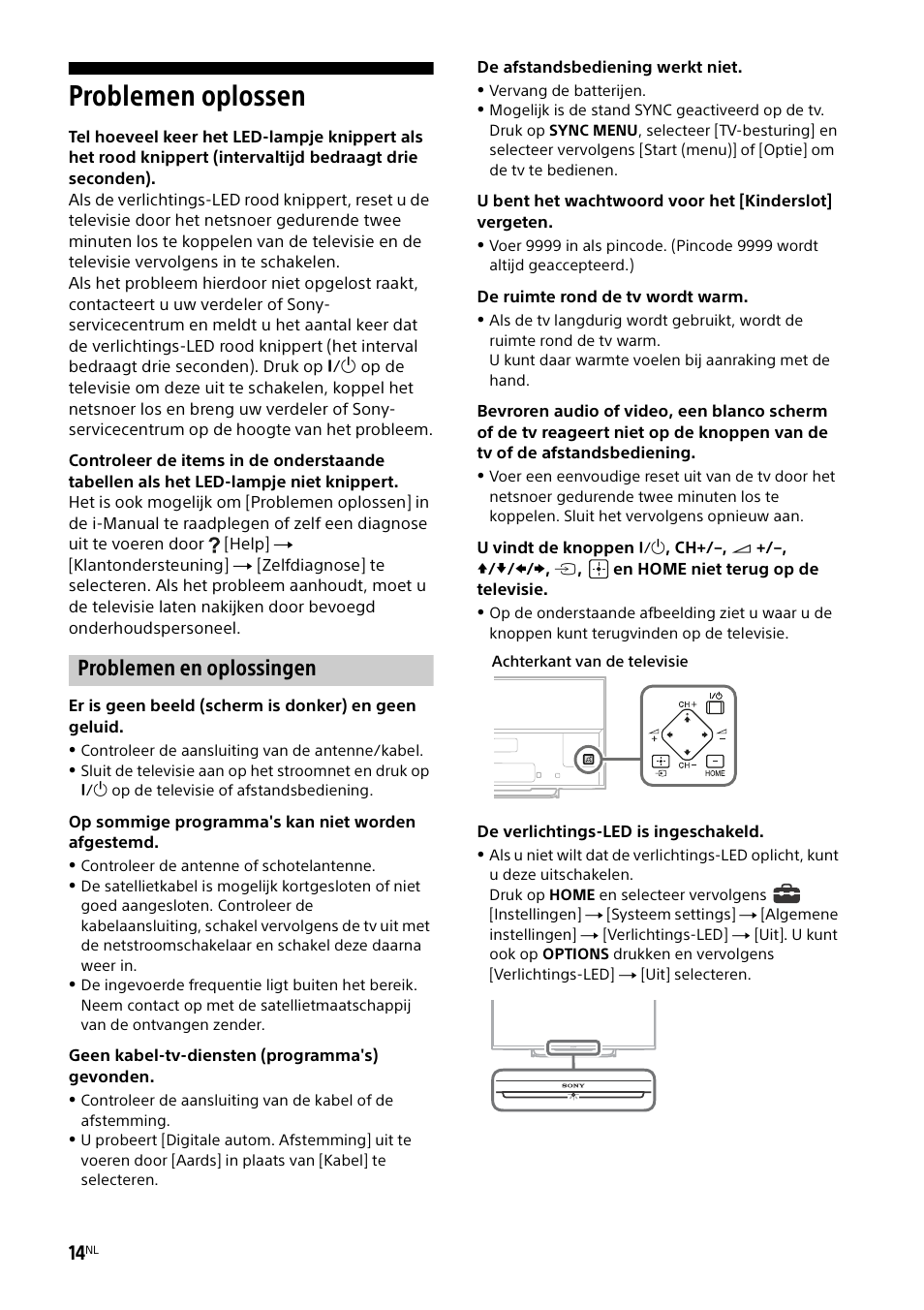 Problemen oplossen, Problemen en oplossingen | Sony KDL-50W805B User Manual | Page 66 / 376
