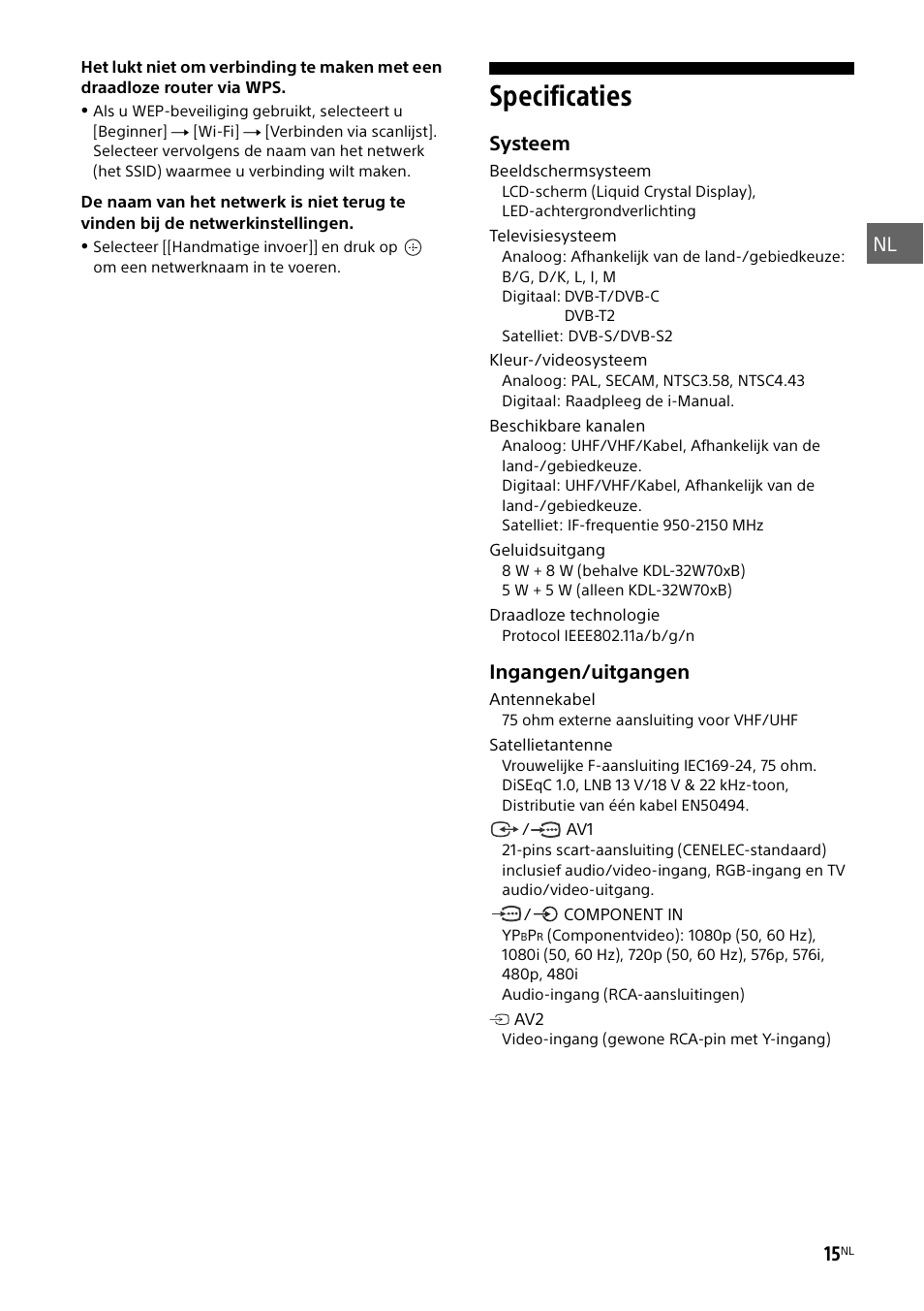 Specificaties | Sony KDL-50W805B User Manual | Page 67 / 376