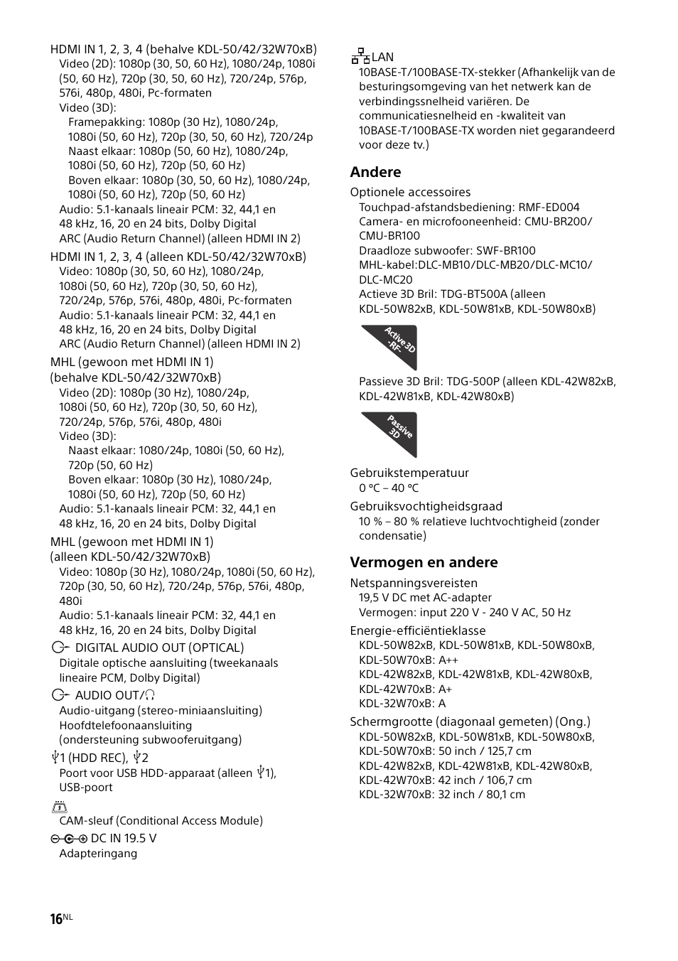 Andere, Vermogen en andere | Sony KDL-50W805B User Manual | Page 68 / 376