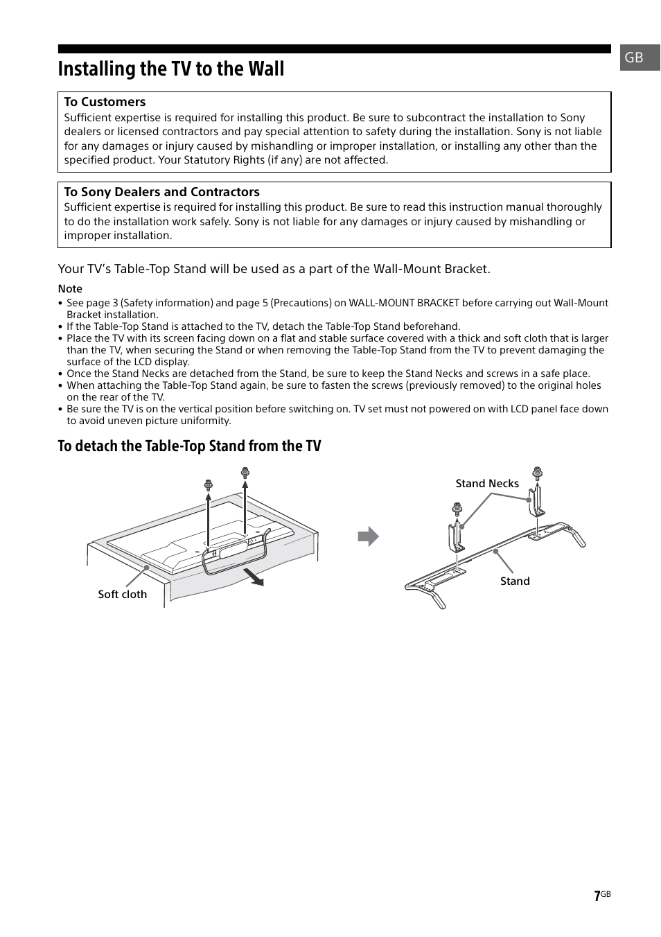 Installing the tv to the wall | Sony KDL-50W805B User Manual | Page 7 / 376