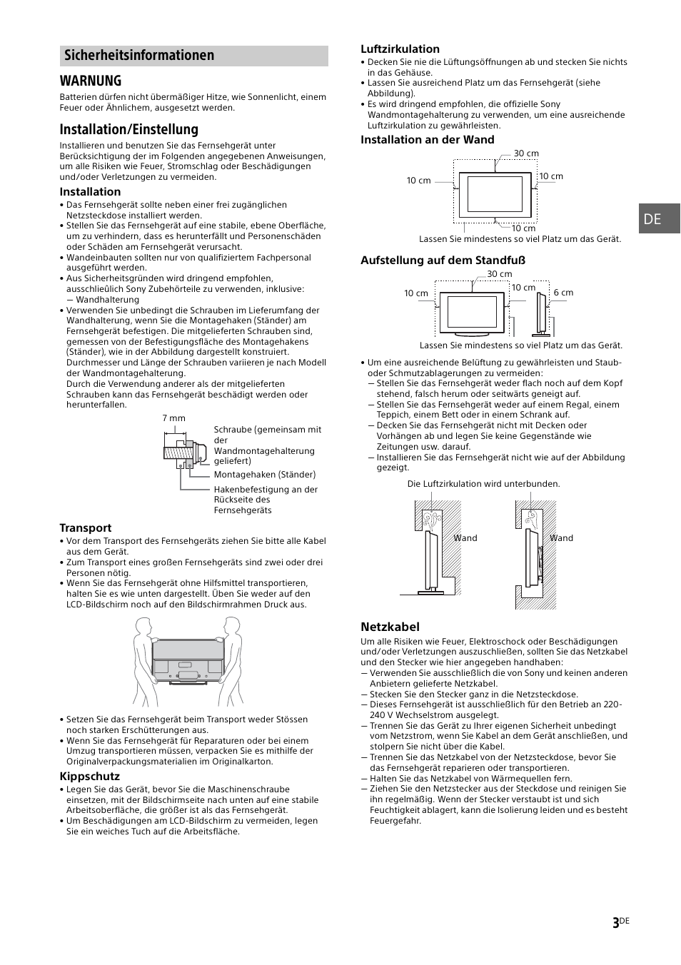 Sicherheitsinformationen, Seite 3), De 3 | Warnung, Installation/einstellung | Sony KDL-50W805B User Manual | Page 73 / 376