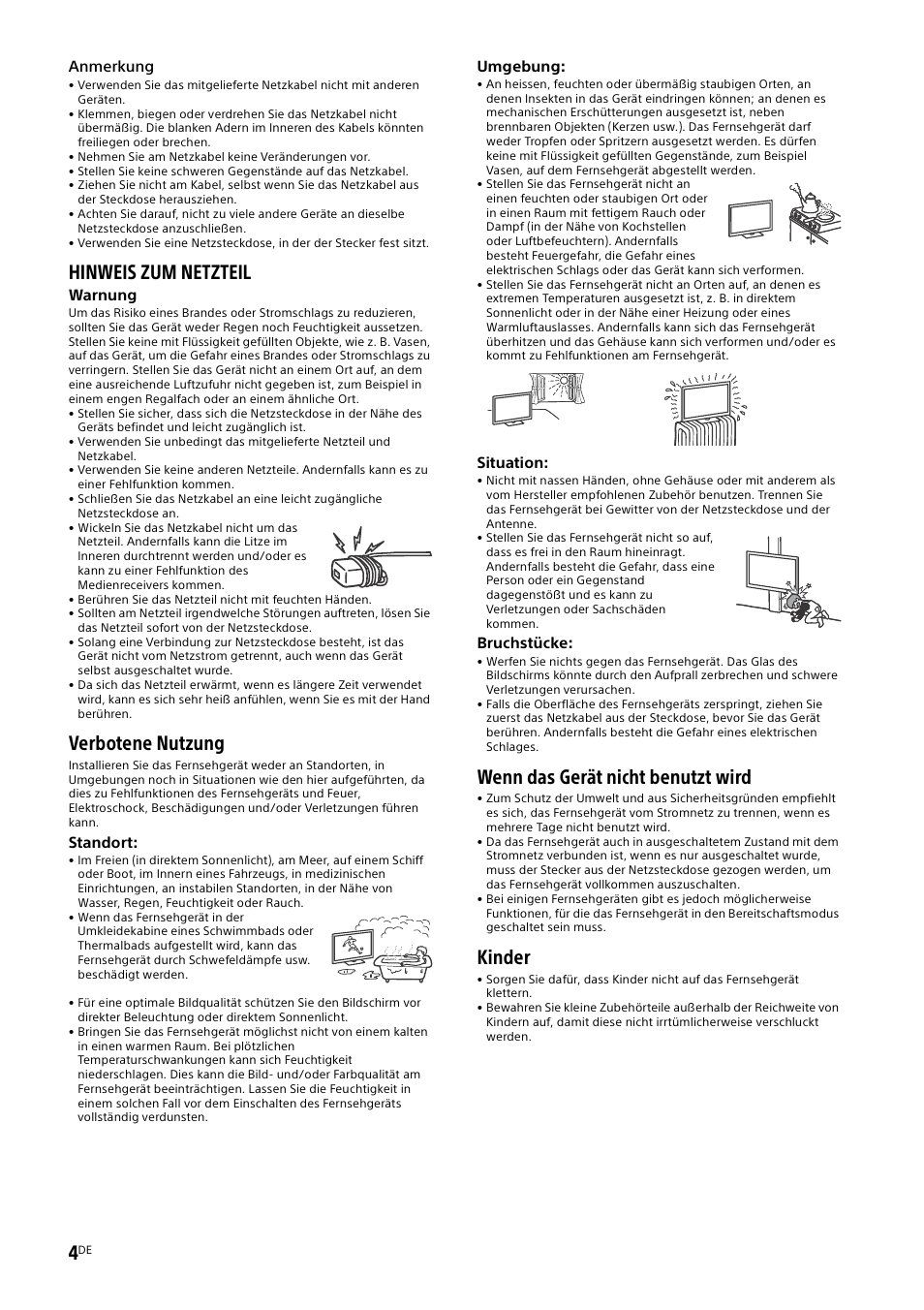 Hinweis zum netzteil, Verbotene nutzung, Wenn das gerät nicht benutzt wird | Kinder | Sony KDL-50W805B User Manual | Page 74 / 376