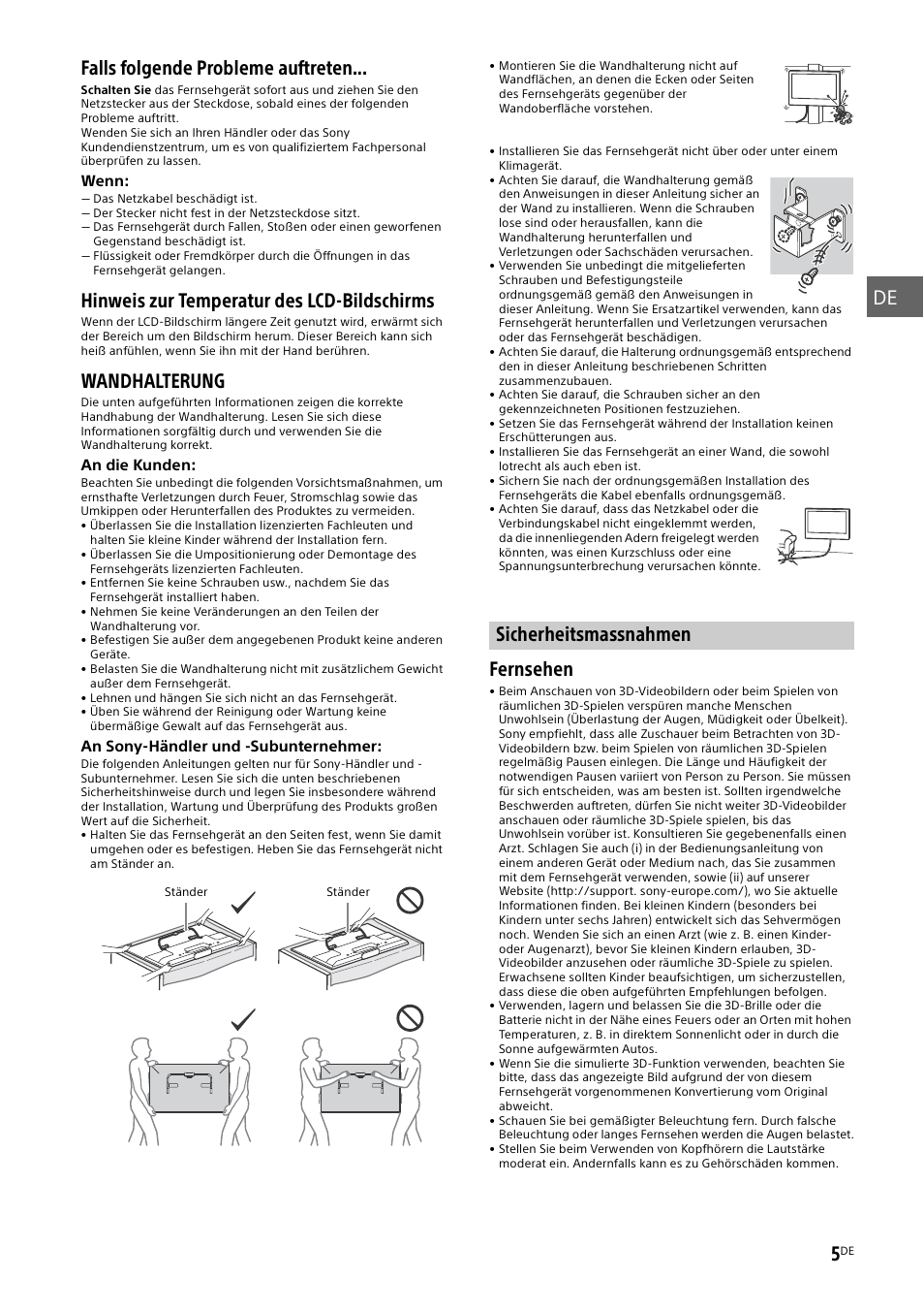 Sicherheitsmassnahmen, De 5, Falls folgende probleme auftreten | Hinweis zur temperatur des lcd-bildschirms, Wandhalterung, Fernsehen | Sony KDL-50W805B User Manual | Page 75 / 376