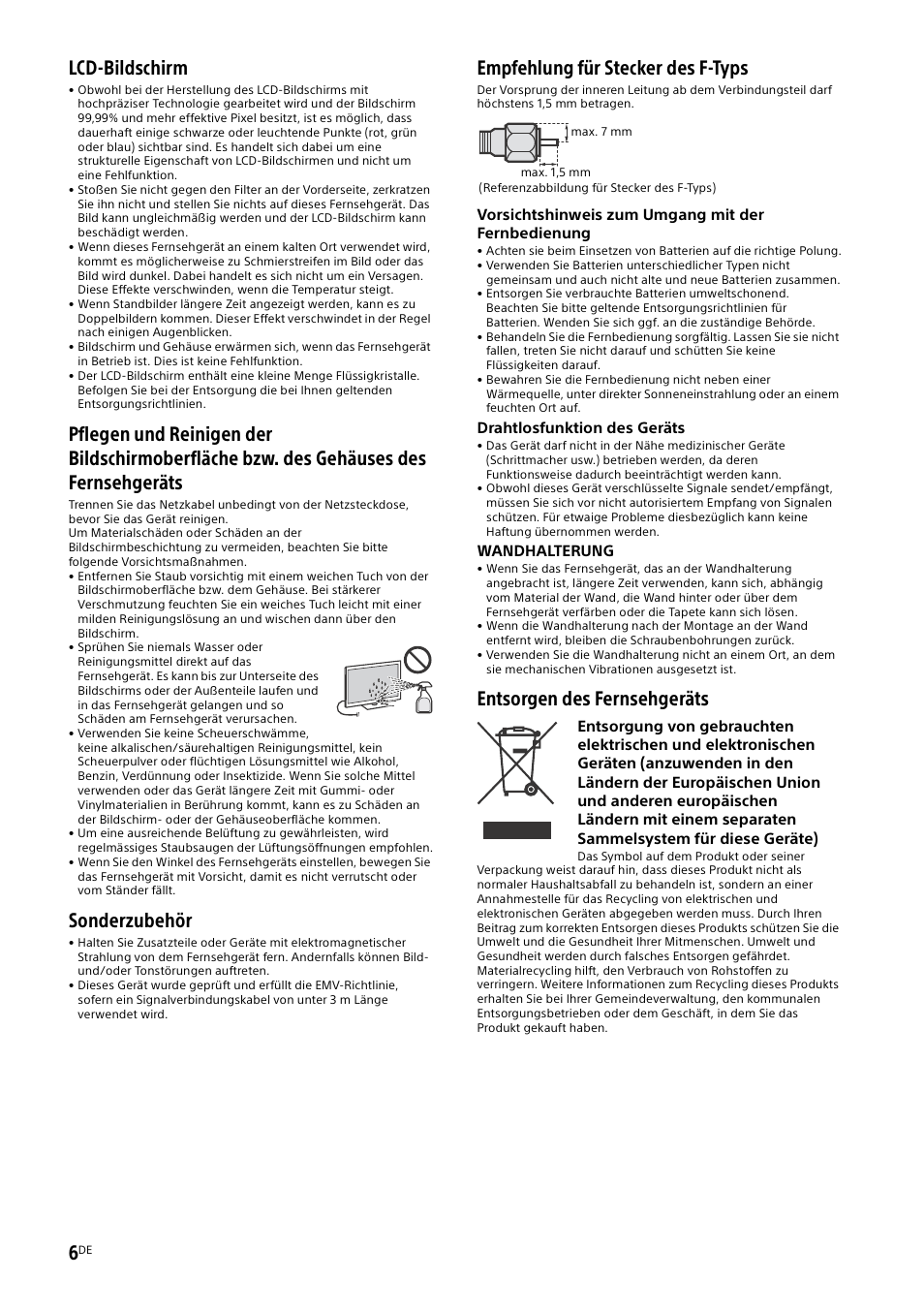 Lcd-bildschirm, Sonderzubehör, Empfehlung für stecker des f-typs | Entsorgen des fernsehgeräts | Sony KDL-50W805B User Manual | Page 76 / 376