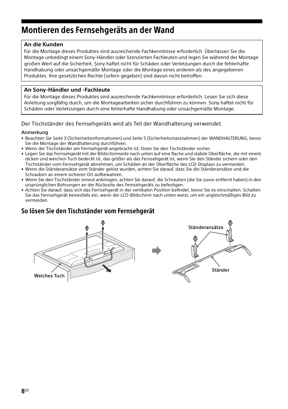 Montieren des fernsehgeräts an der wand, So lösen sie den tischständer vom fernsehgerät | Sony KDL-50W805B User Manual | Page 78 / 376