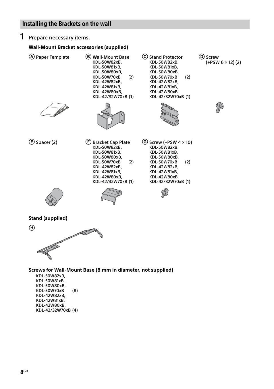 Installing the brackets on the wall | Sony KDL-50W805B User Manual | Page 8 / 376