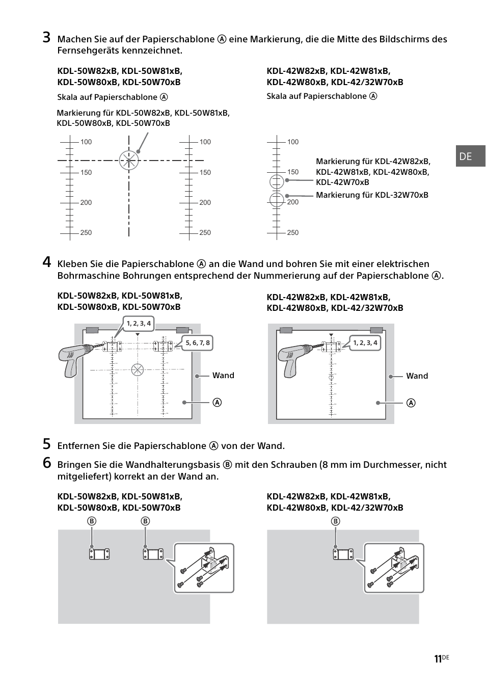 De 11, Entfernen sie die papierschablone a von der wand, Skala auf papierschablone a | Wand | Sony KDL-50W805B User Manual | Page 81 / 376