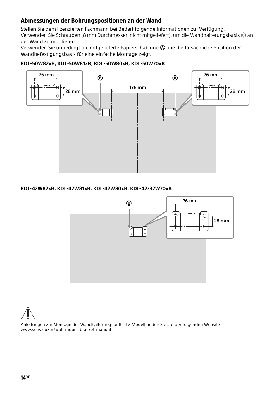 Abmessungen der bohrungspositionen an der wand | Sony KDL-50W805B User Manual | Page 84 / 376