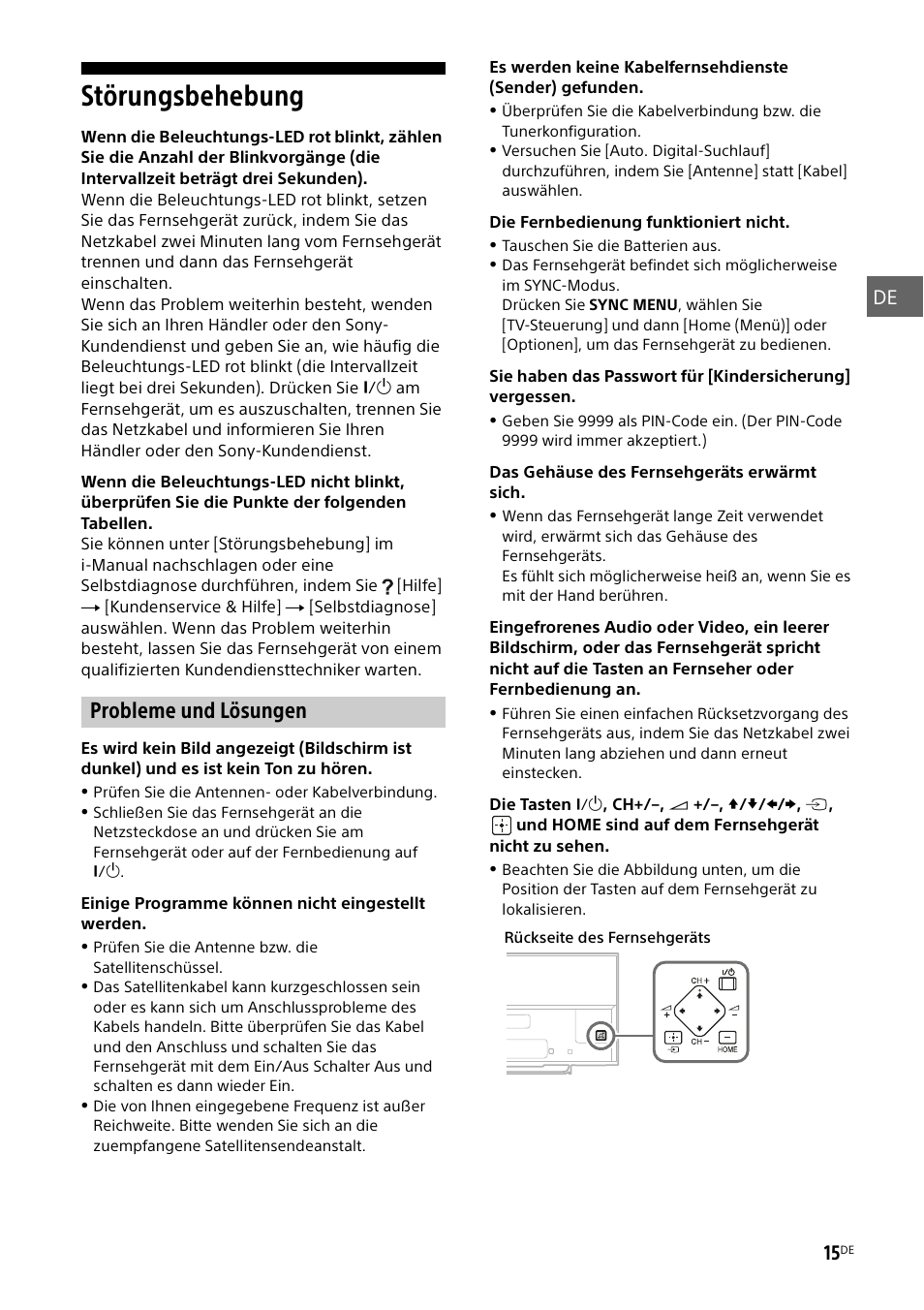 Störungsbehebung, Probleme und lösungen, De 15 | Sony KDL-50W805B User Manual | Page 85 / 376