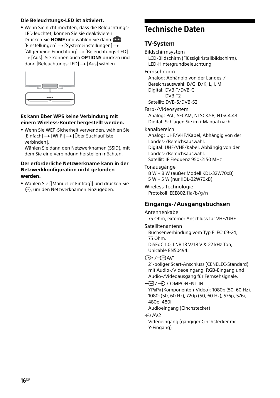Technische daten, Tv-system, Eingangs-/ausgangsbuchsen | Sony KDL-50W805B User Manual | Page 86 / 376