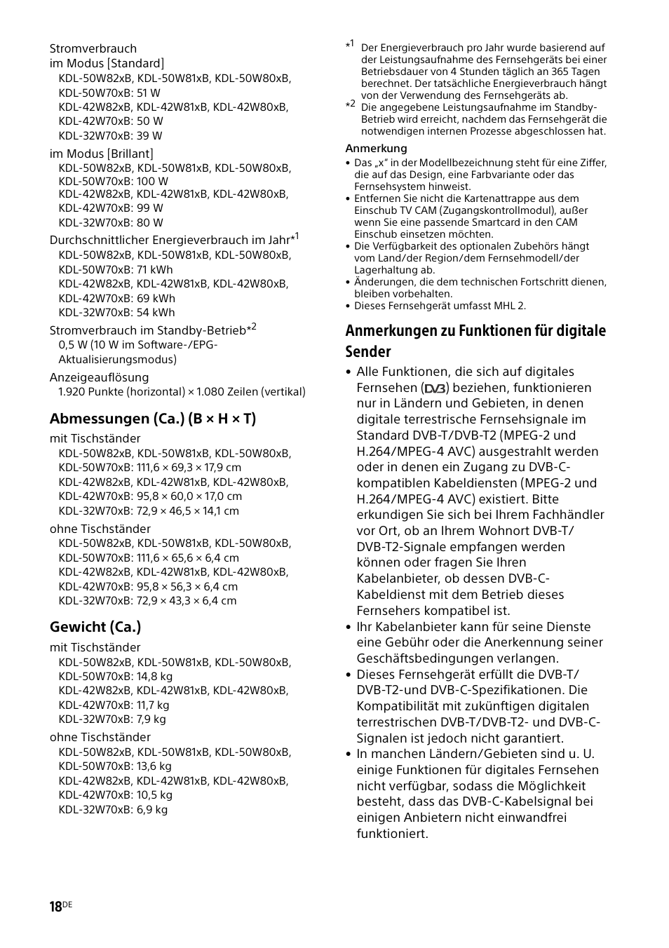 Anmerkungen zu funktionen für digitale sender, Abmessungen (ca.) (b × h × t), Gewicht (ca.) | Sony KDL-50W805B User Manual | Page 88 / 376