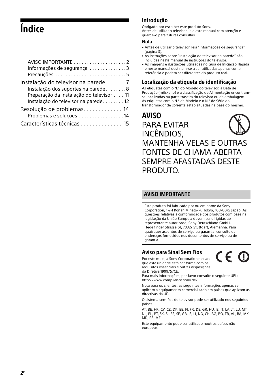 Aviso importante, Índice, Introdução | Localização da etiqueta de identificação, Aviso para sinal sem fios | Sony KDL-50W805B User Manual | Page 90 / 376