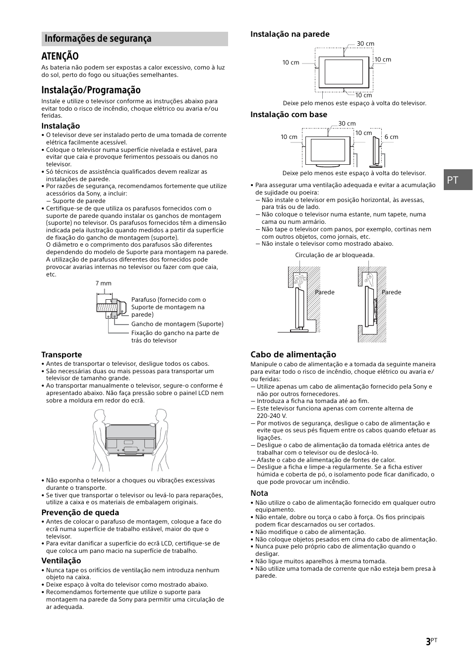 Informações de segurança, Pt 3, Atenção | Instalação/programação | Sony KDL-50W805B User Manual | Page 91 / 376